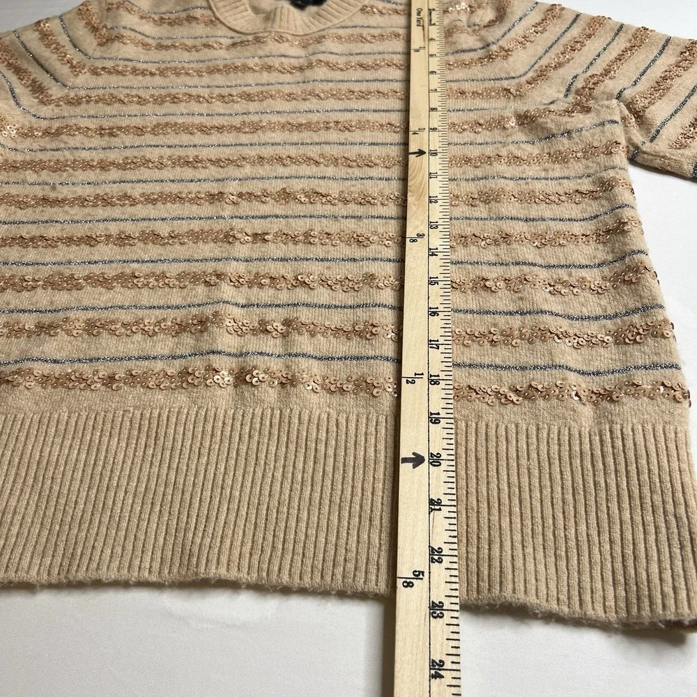 J CREW Soft Retro Beige Silver Metallic Gold Sequin Stripe Knit Sweater Sz LARGE